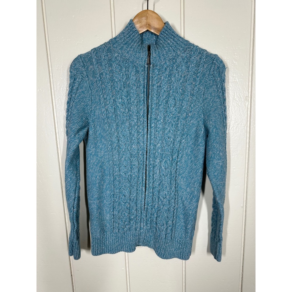 L.L. Bean Cardigan Women M Blue Full Zip Cable Knit Mock Neck Sweater